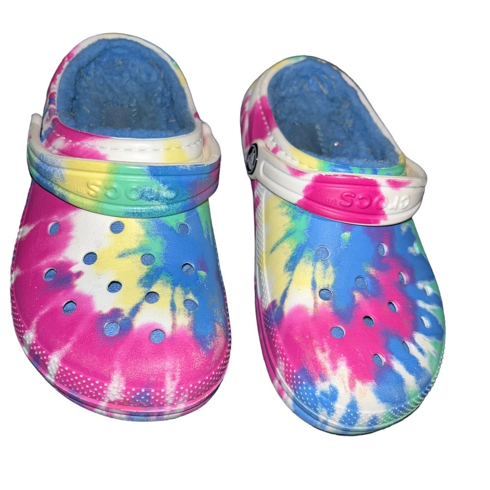 Girls CLASSIC LINED TIE-DYE CLOG Crocs child size 12 kids fuzzy lined pink blue